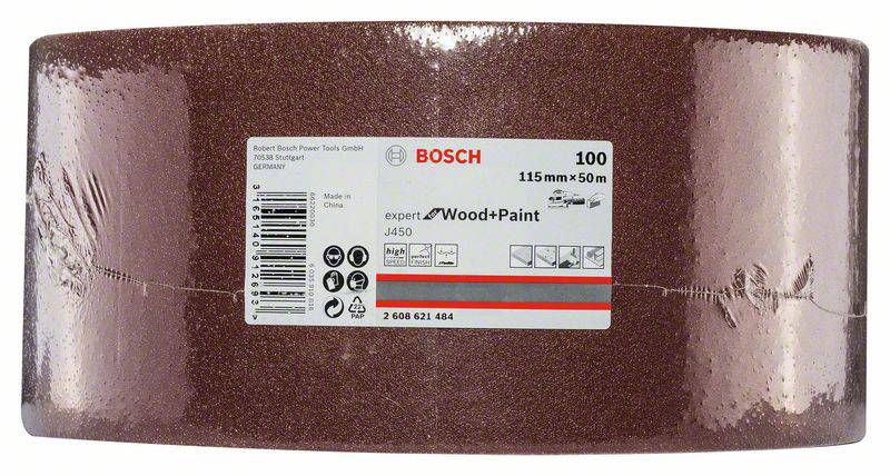 Brúsny papier od Boscha, označený '115 mm x 50 m' a 'Wood+Paint', vhodný na práce s drevom a maľovaním.
