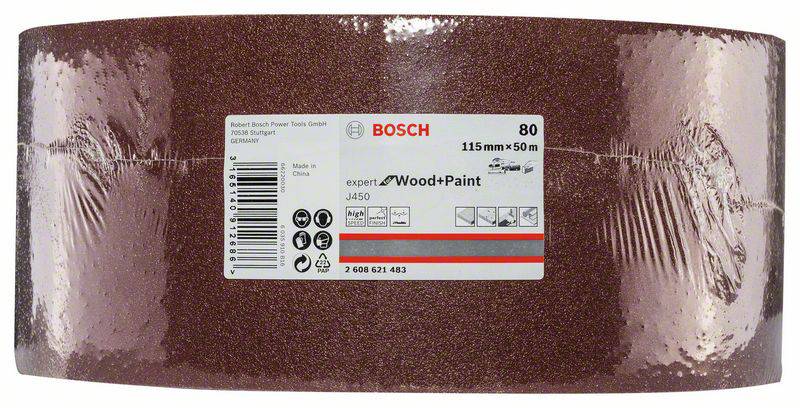 Brúsny papier značky Bosch, zrnitosť 80, s rozmermi 115 mm x 50 m, vhodný na drevo a farbu.
