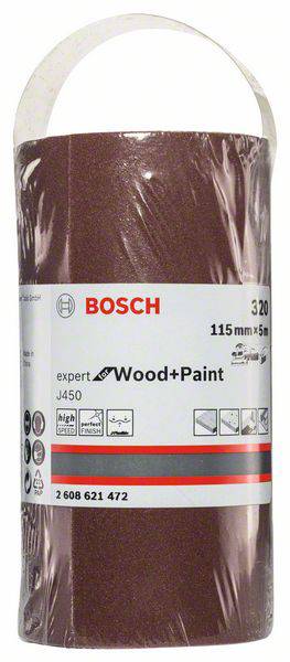 Brúsny papier v rolke od Bosch, 115 mm x 5 m, zrnitosť 320, vhodný pre drevo a farbu, v priehľadnom balení.