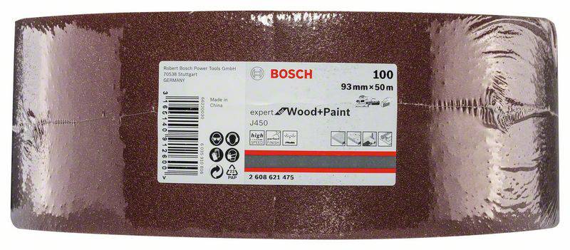 Brúsny papier na rolke od Bosch, model Wood+Paint J450, s rozmermi 93 mm x 50 m a zrnitosťou 100. Balenie s produktovou etiketou.