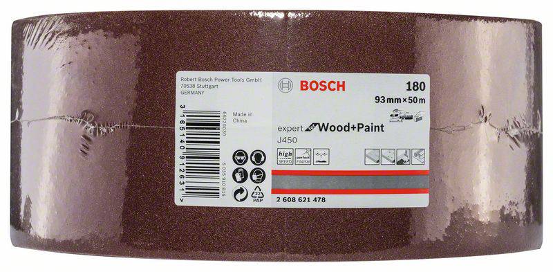 Brúsny papier v rolke s logom Bosch, 93 mm x 50 m, zrnitosť 180, vhodný na drevo a farbu. Údaje výrobcu a čiarový kód sú viditeľné.
