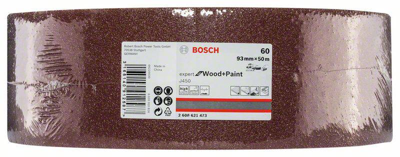 Rolka brúsneho papiera Bosch, 93 mm x 50 m, zrnitosť 60, vhodná na drevo a farbu. Etiketa zobrazuje technické detaily produktu a symboly použitia.