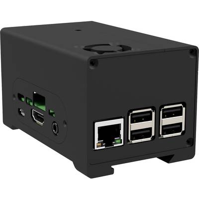Čierny mini počítač s viacerými portami vrátane USB a Ethernetu. Vhodný pre projekty a technické aplikácie.