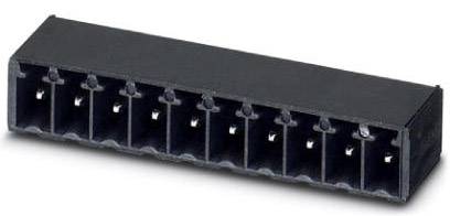 Čierny plastový konektor so štyrmi štvorcovými kontaktmi, lineárne usporiadaný, pre elektronické prepojenia.