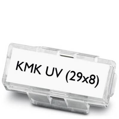 Štítok s nápisom 'KMK UV (29x8)' v priehľadnom plastovom obale.