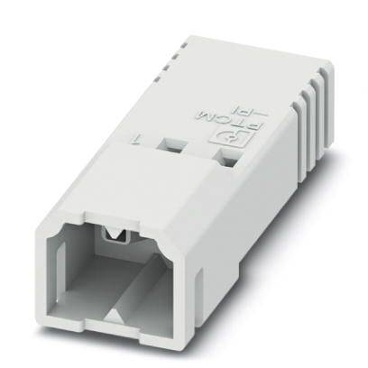 Sivý, obdĺžnikový priemyselný elektrický konektor.