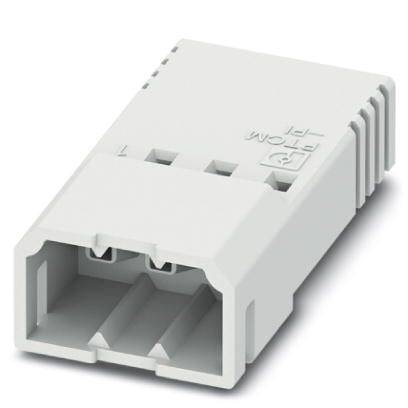 Biely elektrický konektor obdĺžnikového tvaru pre dva kontaktné kolíky.