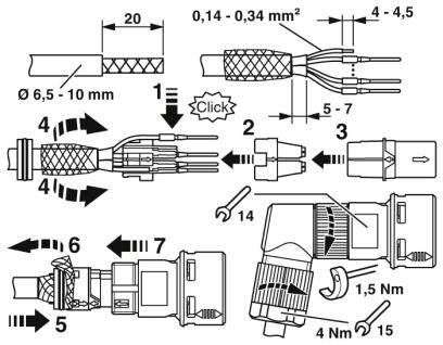 Diagram znázorňuje zloženie konektora v siedmich krokoch vrátane rozmerov kábla, potrebných nástrojov a momentov doťahovania.