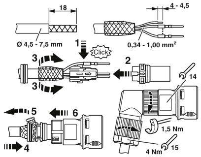 Návod na montáž konektora s podrobnými krokovými diagramami a rozmermi; znázorňuje mechanizmus a komponenty.