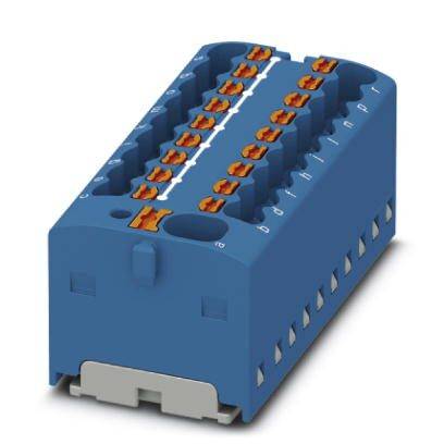 Modrý elektrický pripojovací modul s viacerými svorkami a oranžovými kontaktmi na prepojenie drôtov v elektrických obvodoch.