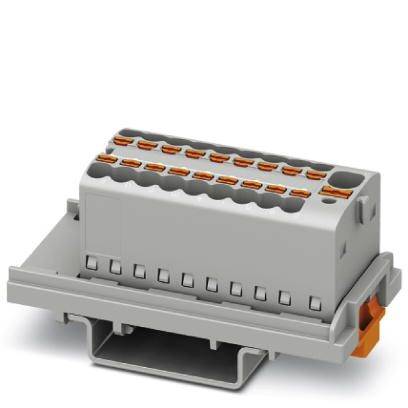 Elektrický konektor v sivej farbe s viacerými pripojovacími svorkami, určený na použitie v elektronických zariadeniach.