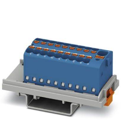 Modrý elektrický pripojovací blok s viacerými oranžovými svorkami na upevnenie káblov, namontovaný na sivej základni.
