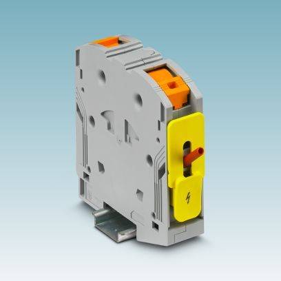 Šedožltý elektrický spínač na DIN lište, používaný na odpojenie elektrických obvodov.