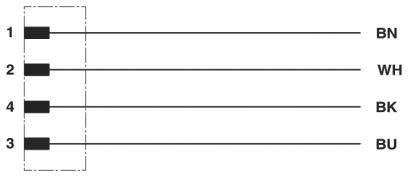 Diagram znázorňuje zapojenie so štyrmi vodičmi: 1-BN, 2-WH, 4-BK, 3-BU. Každý vodič je označený číslom a farebnou skratkou.