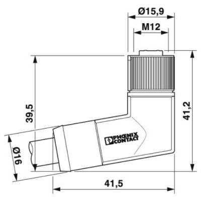 Technický výkres konektora s rozmermi: dĺžka 41,5 mm, výška 41,2 mm, šírka 39,5 mm. Veľkosť konektora M12, priemer 15,9 mm.