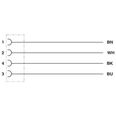 Schematické znázornenie štyroch vedení: 1 (BN), 2 (WH), 4 (BK), 3 (BU), prepojených na ľavej strane.