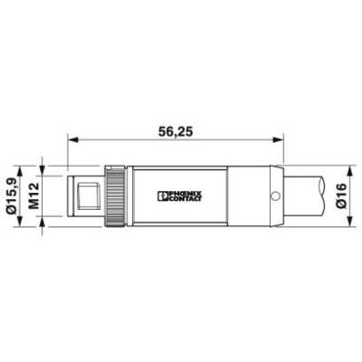 Technický výkres konektora s rozmermi: dĺžka 56,25 mm, priemer 16 mm, veľkosť závitu M12, vzdialenosť Ø15,9 mm.