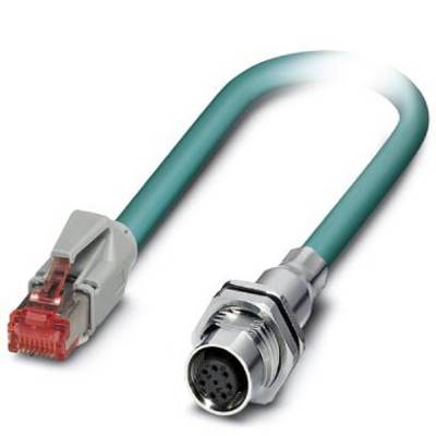 Zelený ethernetový kábel s RJ45 konektorom na jednom konci a guľatým kovovým konektorom na druhom konci leží na bielom pozadí.