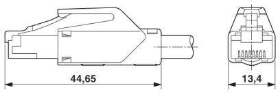 Technický výkres RJ45 konektora z bočného a čelného pohľadu. Dĺžkové rozmery pohľadov: 44,65 mm a 13,4 mm.