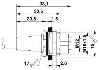 Technický nákres skrutkovacieho spoja s rozmermi v milimetroch. Zobrazuje závitové veľkosti M12 a M16, celková dĺžka 38,1 mm.