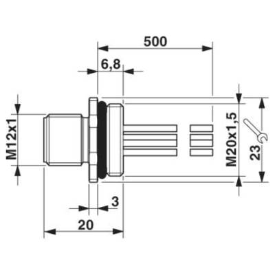 Technický výkres kabelového konektora s rozmermi: celková dĺžka 500 mm, závit M12x1 a M20x1,5, dĺžka konektora 20 mm.