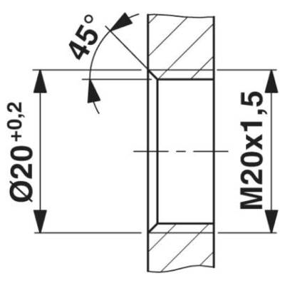 Technický výkres valcovitej súčiastky s rozmermi: priemer 20 mm, tolerancia +0,2 mm, závit M20x1,5, 45° skosenie.