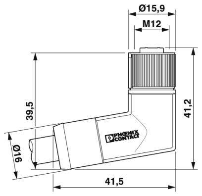 Technický diagram konektora spoločnosti "Phoenix Contact" s rozmermi: Ø15,9, M12, 39,5, 41,5, Ø6 a 41,2 milimetra.