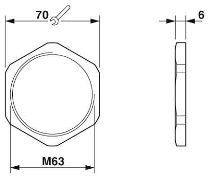 Technický výkres šesťhrannej matice s rozmermi: priemer 70 mm, hrúbka 6 mm, označenie 'M63'. Zobrazený bočný a pohľad zhora.