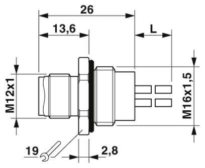 Technický výkres konektora s rozmermi: dĺžka 26 mm, M12x1, M16x1,5 závit; vzdialenosť 13,6 mm, 19-mm komponent.