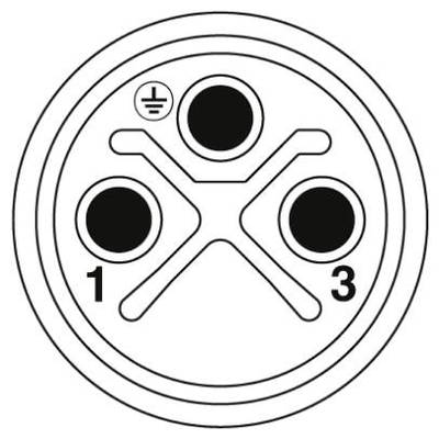 Kruhový konektor s tromi číslovanými zásuvkami, pričom jedna je uzemnená, znázornený ako symbol so zemnicím znakom.