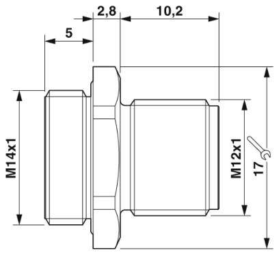 Technický výkres valcovitej súčiastky so závitmi M14x1 a M12x1, dĺžka 10,2 mm, šírka 17 mm.