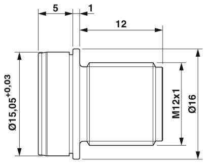 Technický výkres valcovitej súčiastky s rozmermi: priemer 15 a 16, dĺžka 12, závit M12x1.