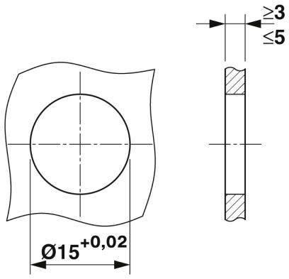 Technický výkres valcovitej súčiastky s viditelnými rozmermi: priemer 15 mm (+0,02), výška 3 mm, hrúbka okraja 5 mm.