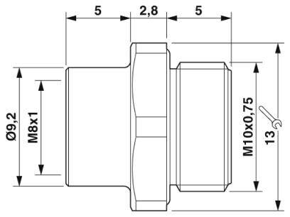 Technický výkres valcovitej súčiastky s rozmermi: celková dĺžka 13 mm, priemer 9,2 mm, závit M8x1 a M10x0,75.