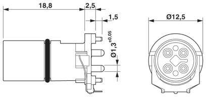 Technický výkres valcového konektora. Rozmery: dĺžka 18,8 mm, priemer 12,5 mm. Kontaktné kolíky s rozstupom 2,5 mm.