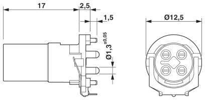 Technický výkres valcového konektora; rozmery sú Ø12,5 mm a 17 mm dĺžka; zobrazuje kolíky a montážne rozmery.