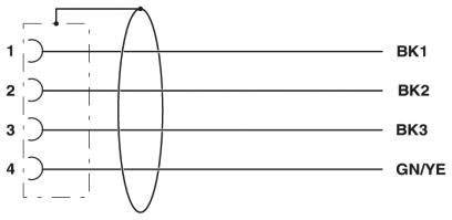 Diagram znázorňuje štyri káble, očíslované od 1 do 4, ktoré sú označené BK1, BK2, BK3 a GN/YE. Prepájací oblúk spája všetky káble.