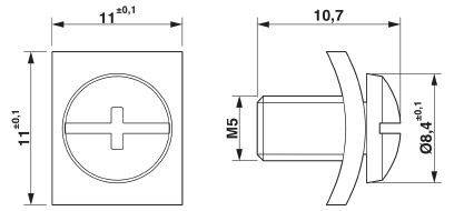 Technický výkres štvorcového dielu s krížovou hlavou, rozmery: 11 mm a 10,7 mm, výška M5, priemer Ø8,4 mm.