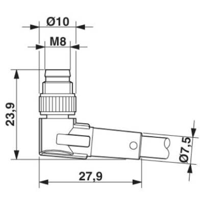 Technický výkres kovového kolíka s rozmermi: dĺžka 27,9 mm, výška 23,9 mm, priemer hore Ø10 mm, dole Ø7,5 mm, závit M8.