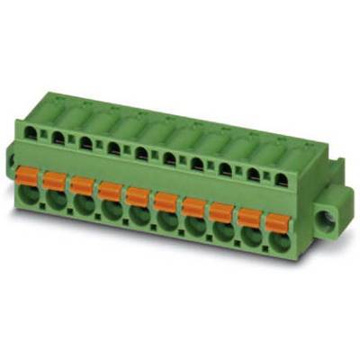 Zelený elektrický svorkovnicový blok s oranžovými konektormi, 12 pripojovacích možností, určený pre priemyselné zapojenia.