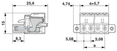 Technický výkres elektrického konektora s rozmermi: 25,6 mm x 15 mm, rozstup pinov 5,08 mm.