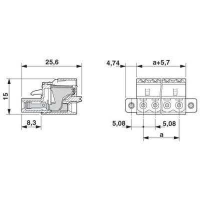 Technický výkres elektrického konektora s rozmermi: 25,6 mm x 15 mm, rozstup pinov 5,08 mm.