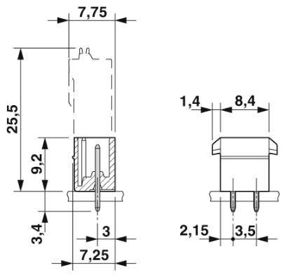Diagram znázorňuje elektrický konektor s rozmermi: výška 25,5 mm, šírka 7,75 mm, vzdialenosť pinov 3,5 mm. Bočný a čelný pohľad.