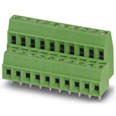 Zelený, dvojradový elektrický konektor so šiestimi svorkami, ktorý sa typicky používa pre dosky plošných spojov.