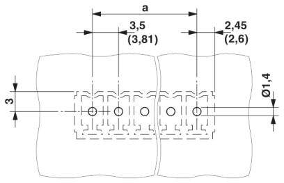 Technický výkres spoja s rozmermi: vzdialenosť 'a' 3,5 cm, ostatné rozmery 2,45 cm a 1,4 cm. Otvory viditeľné v dvoch radoch.