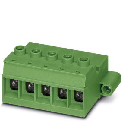 Zelený elektrický konektor pre montáž na dosku plošných spojov s piatimi svorkami. Ideálny na zapojenie elektronických zariadení.