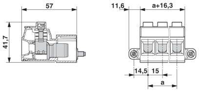 Technický výkres elektrického komponentu s rozmermi: šírka 57 mm, výška 41,7 mm, hĺbka 11,6 mm plus premenná a+16,3 mm.