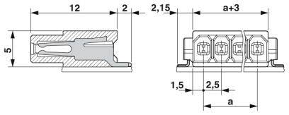 Technický výkres konektora s rozmermi: dĺžka 12 mm, šírka 5 mm a ďalšími vzdialenosťami 2 mm, 1,5 mm a 2,5 mm.