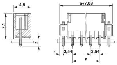 Výkres elektrického konektora s rozmermi: šírka 4,8 mm, výška 7,1 mm, rozstup pinov 2,54 mm, celková šírka a+7,08 mm.