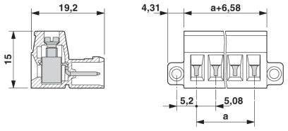 Technický výkres konektora s rozmermi: 19,2 x 15 mm, montážny výrez 4,31 mm, rozstup pinov 5,08 mm.